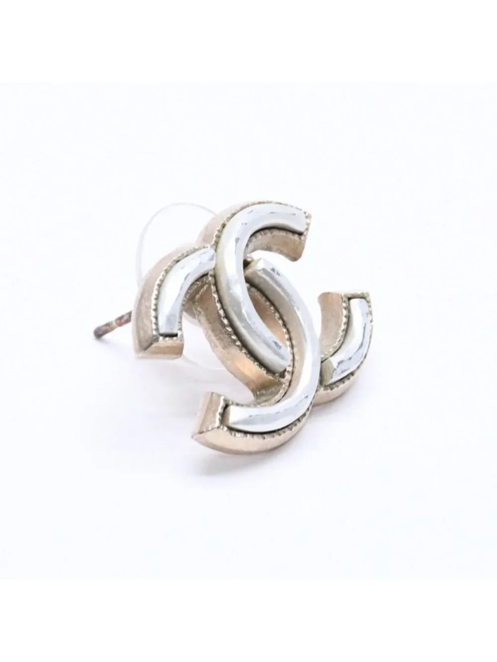 Chanel CC Logo Single Earrings Metal Silver Gold Bicolor